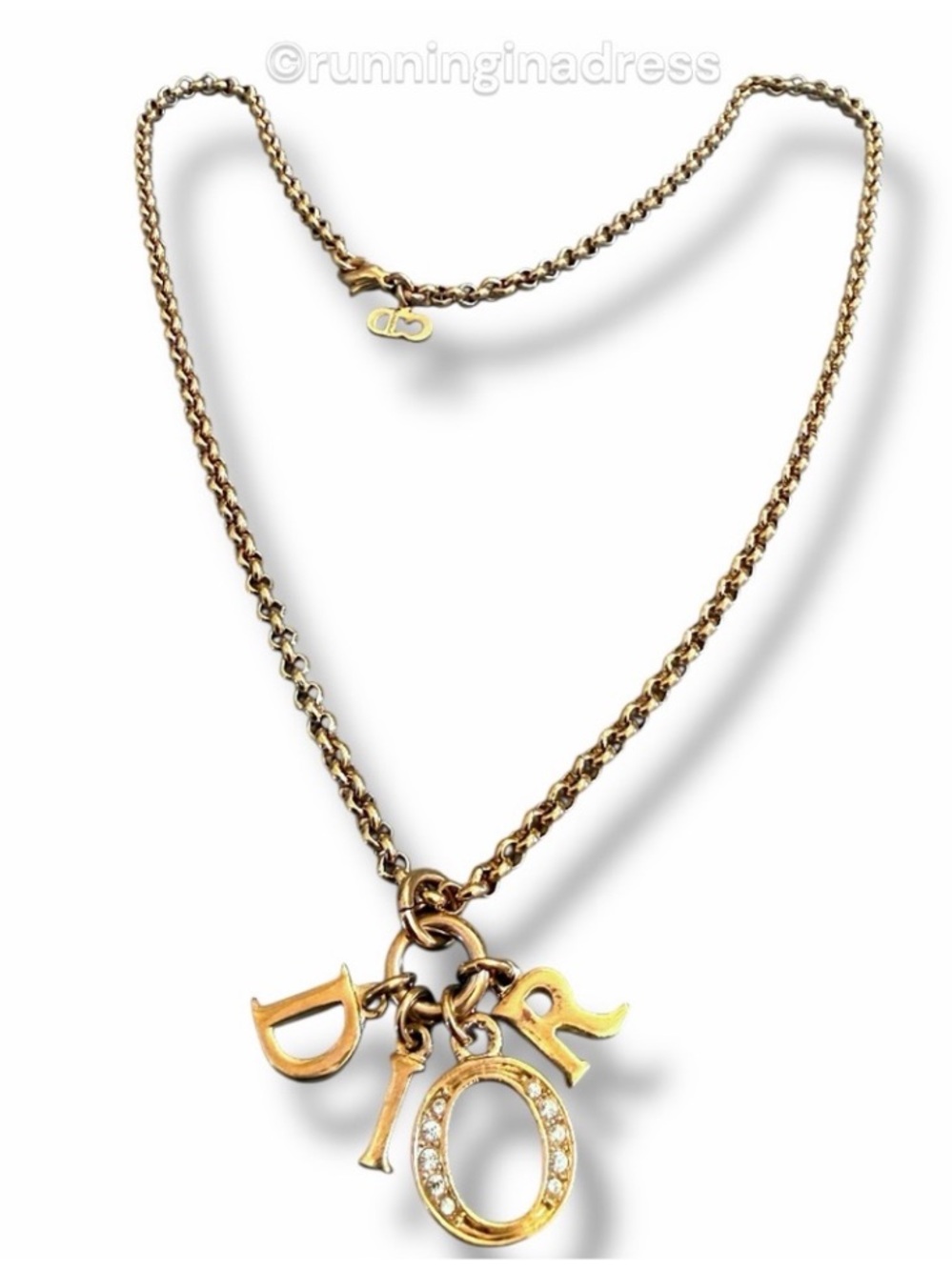 Vintage Christian Dior Crystal Dio(r)evolution Letter Charm Necklace Gold CD Y2K